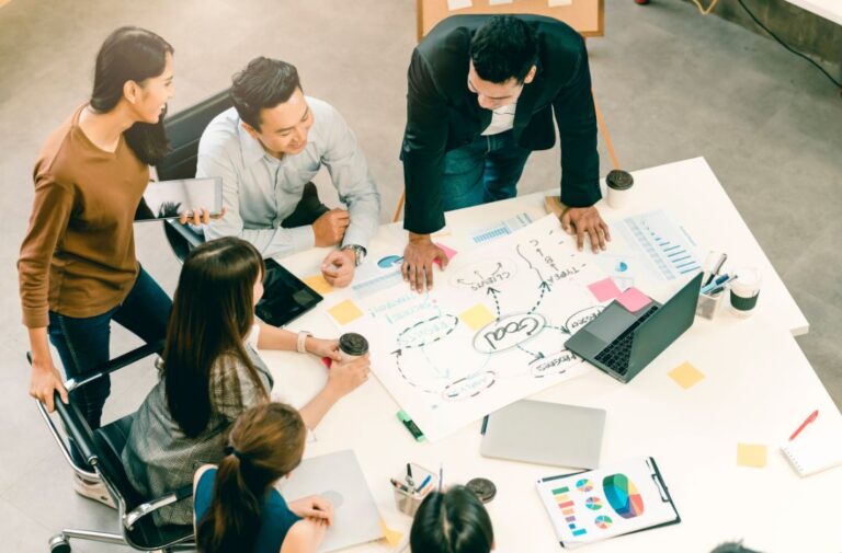 Business leadership team discussing hiring strategy in a modern conference room