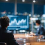 Executive leadership team reviewing recruitment performance metrics and hiring data on a large digital dashboard during a strategic planning meeting.