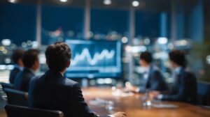 Executive leadership team reviewing recruitment performance metrics and hiring data on a large digital dashboard during a strategic planning meeting.