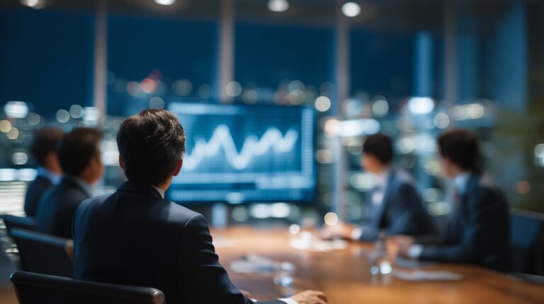 Executive leadership team reviewing recruitment performance metrics and hiring data on a large digital dashboard during a strategic planning meeting.