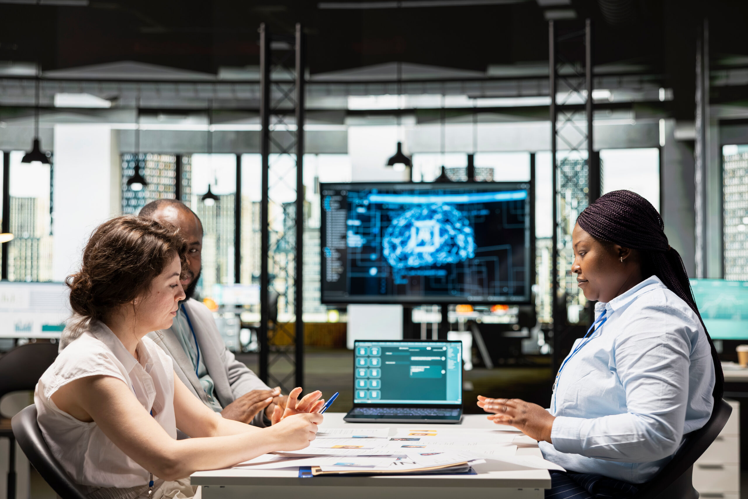 Professional recruiters reviewing candidate profiles during talent search meeting